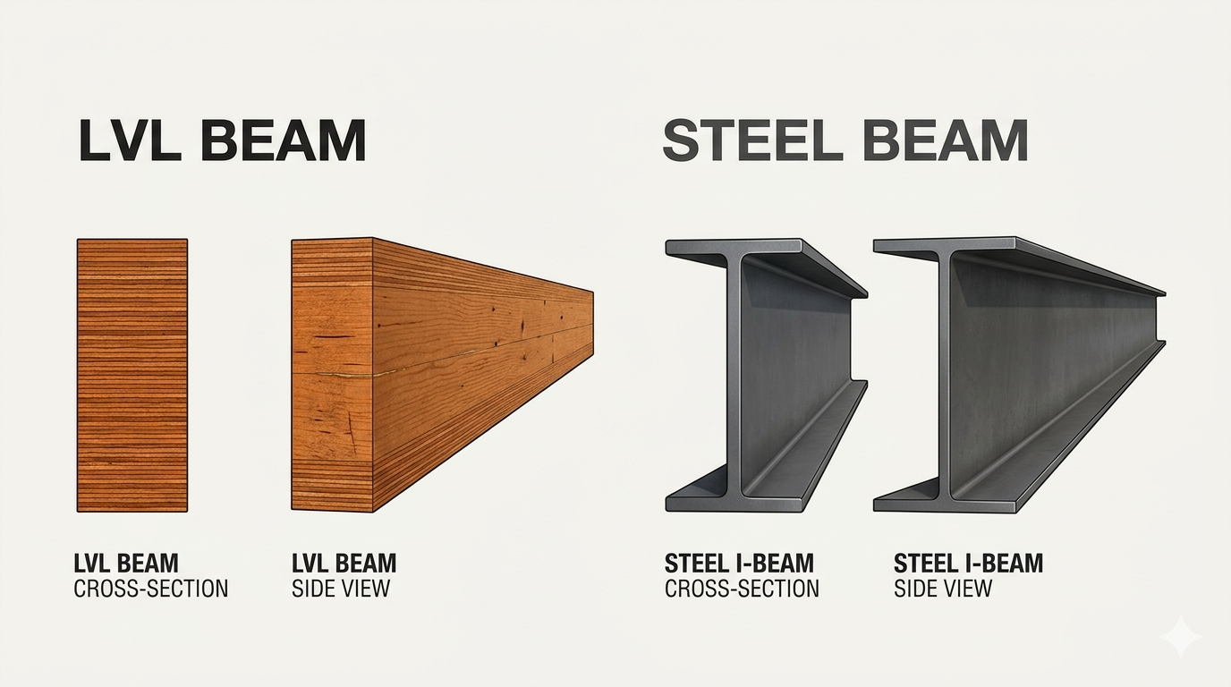Diagram of common structural beam types, LVL, steel I-beam, and engineered timber, used in Calgary residential construction