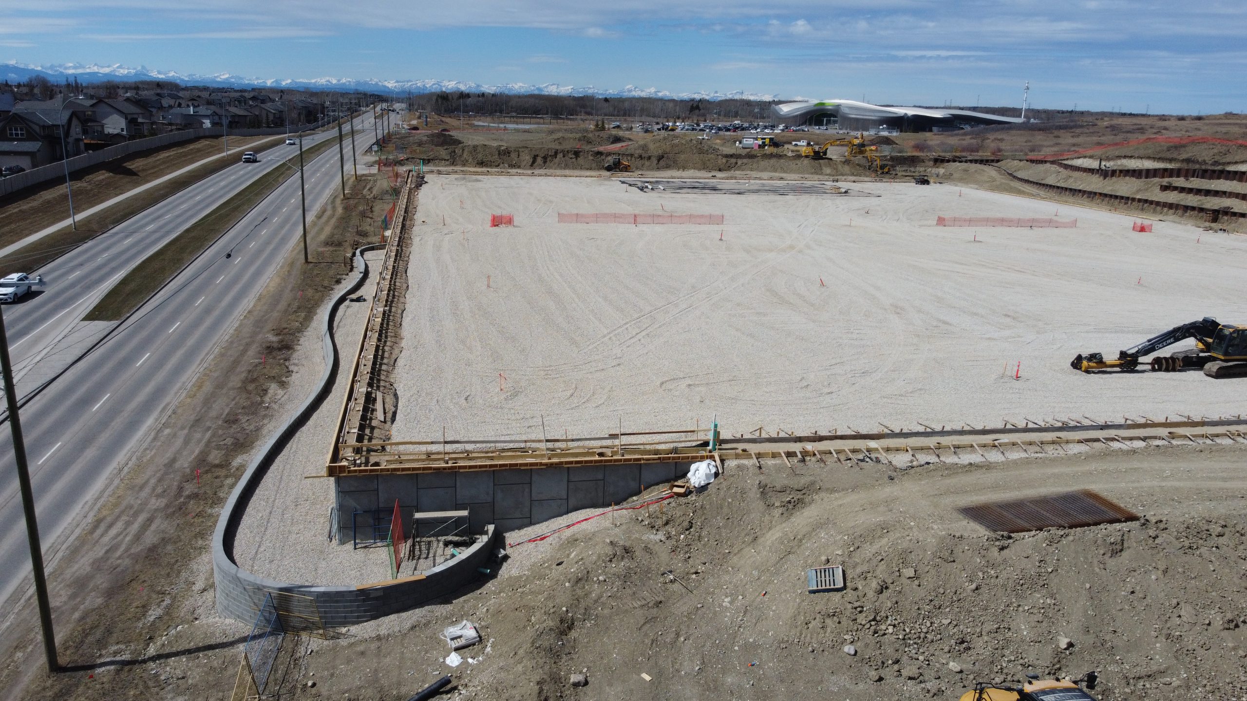 Completed contoured lock-block retaining wall at Rocky Ridge Athletic Park, Calgary