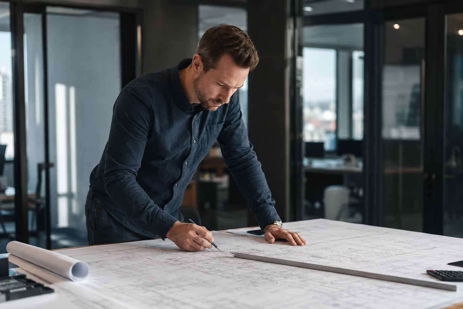 Calgary structural engineer reviewing project drawings at the desk
